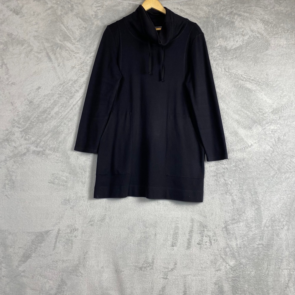 Eileen Fisher Womens Black Organic Cotton Funnel Neck Drawstring Tunic Top M